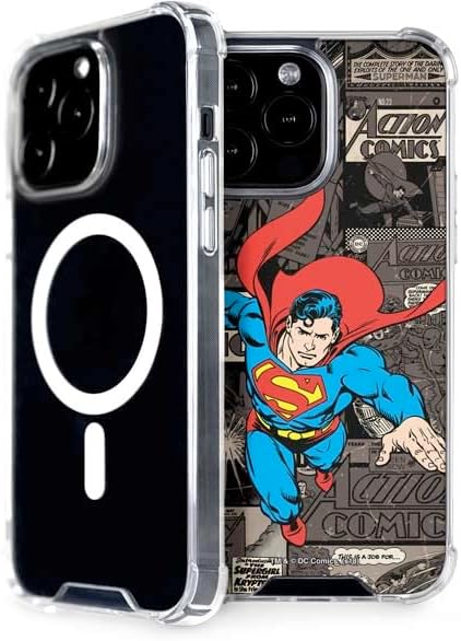 Skinit Phone Case Compatible with MagSafe iPhone 15 Pro Max - Officially Licensed DC Comics Superman Vintage Action Pose Pattern Design