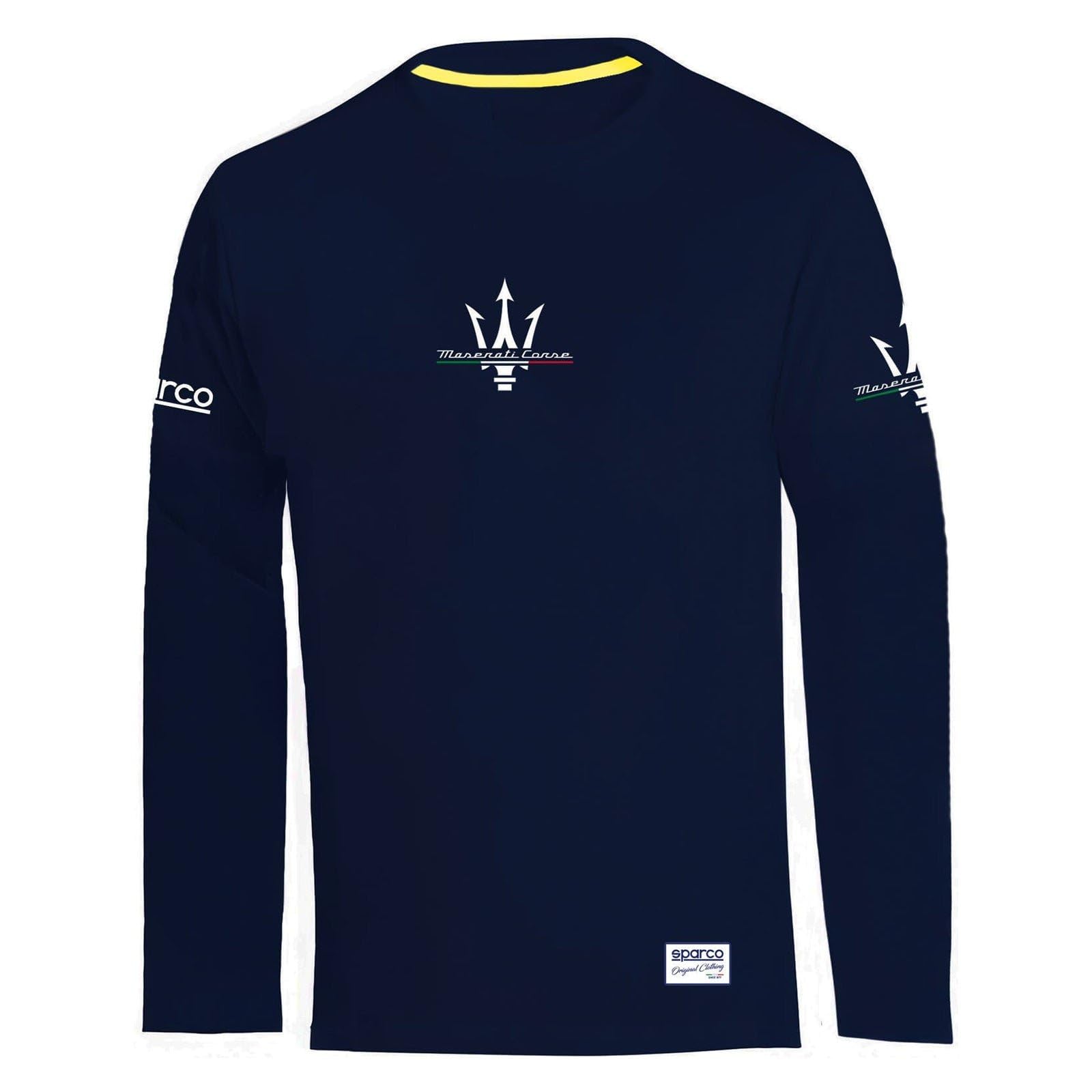 Sparco - Maglietta Lunga Sparco Maserati - Confezione Italiana Premium - 95% Cotone e 5% Elastan - Design Unisex con Ricami Esclusivi - Taglia M - Blu Marino