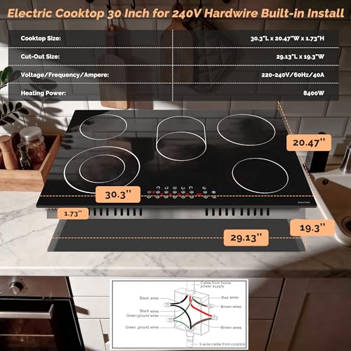 Image of Noxton Electric Cooktop 30 Inch,8400W High Power 5 Burner Radiant Stove Top | Expandable Burner, Child Safety Lock, Timer, Pause, 30 inch Drop-in Install Electric Ceramic Stovetop, 220-240V Hardwire, No Plug