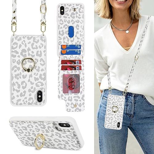 Image of for iPhone Xs Max Case with Card Holder and Strap for Women,Crossbody Lanyard,Kickstand Ring Stand,Snap Clasp,Cute Phone Wallet Cases 6.5 inch(White Leopard)