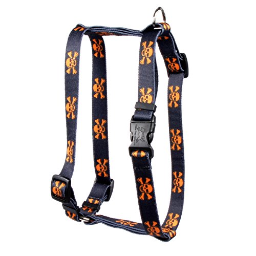 Image of Yellow Dog Design Orange Black Skulls Roman Style H Dog Harness, Large-1 inch Wide fits Chest of 20 to 28 inch