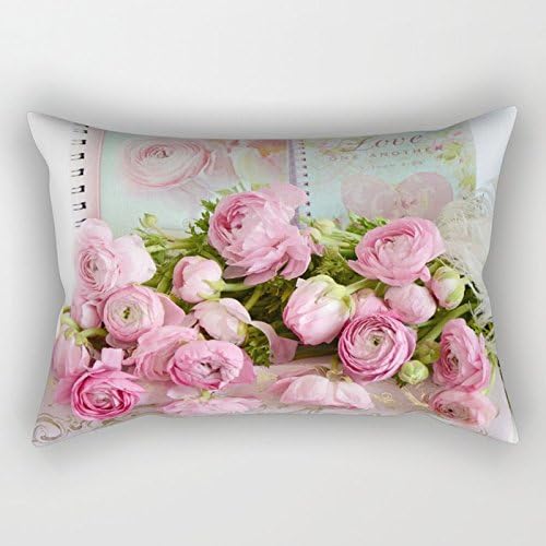 Funda de almohada rectangular Shabby Chic Cottage Pink Floral Ranúnculus Peonías Rosas Estampado de Rosas de Algodón Decoración del Hogar Cojín