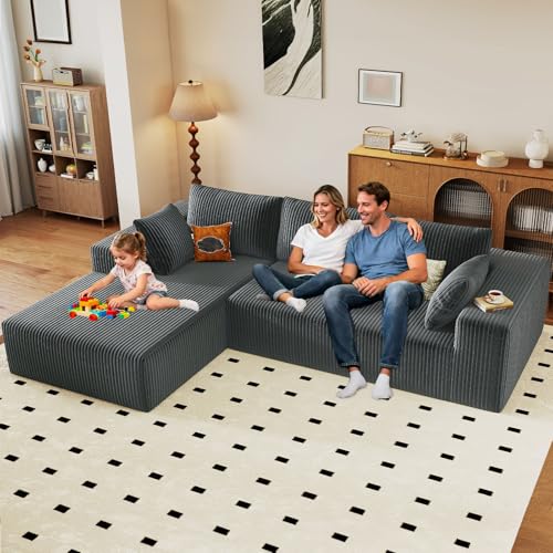 Image of 96 inch Modular Sectional Couch, Boneless L Shaped Cloud Sofa with Chaise Lounge, Corduroy Upholstered Couches Memory Foam Deep Seat, No Assembly Required, Ideal for Living Room(Dark Gray, Left Facing)