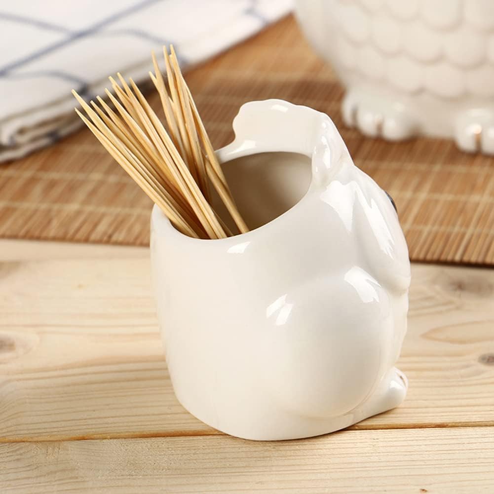 WAYUTO 2Pcs Ceramic Decorative Toothpick Holder Porcelain Toothpick Dispenser Cute Owl Figurine Toothpick Case Cartoon Animal Storage Organizer for Kitchen Home Restaurant Countertop Decor White image 3