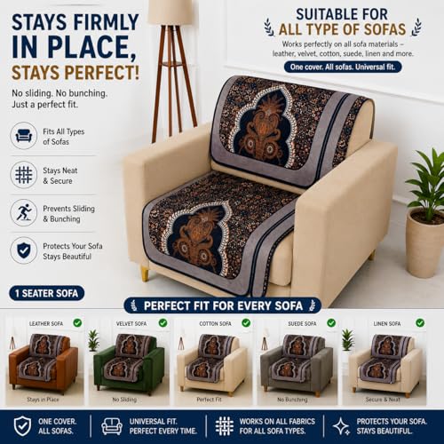Image of Homerz Premium 'Maharaja Paradise Series' Sofa Cover | Net Fabric Sofa Cover | Washable, Anti-Dust Backed & Wrinkle Resistant Cover (Sheesh Mahal, 1 Seater, Seat Cover with Backrest)
