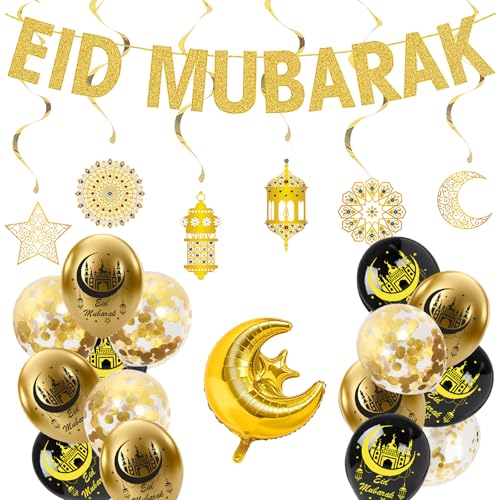 Eid Mubarak Decorations Set - Glitter Eid Mubarak Banner with Hanging Swirl Balloon for Backdrop Islam Party Decor