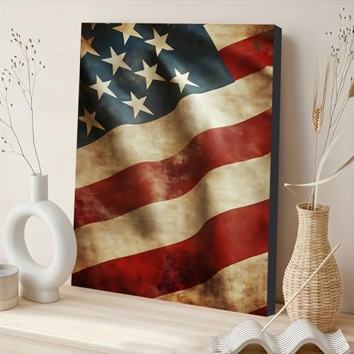 Image of Framed Vintage Distressed American Flag Wall Art, Patriotic Rustic Canvas Art Pictures, USA Flag Wall Decor, Made in USA Ready to Hang for Living Room Garage
