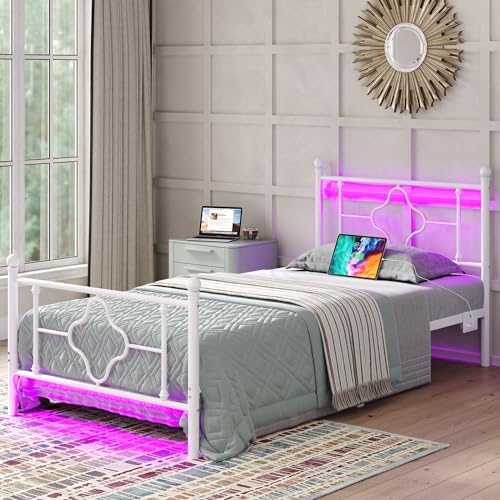 Bed Frame with Headboard and Footboard,Heavy Duty Steel Slats Support Metal Bed Frame with Charging Station (Retro White, Twin)