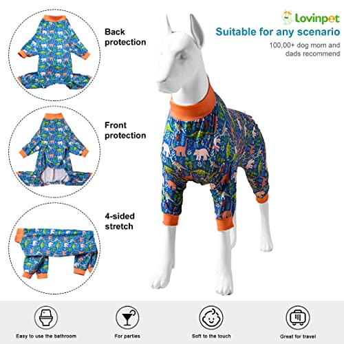 LovinPet Large Breed Dog Clothes Pajamas, Wound Care/Post Surgery Full Coverage Shirt, Dinosaur Land Blue Print - Image 2