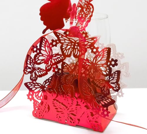 Lot de 50 boîtes à dragées de mariage, en papier avec papillons, pour mariage, fête, Noël - Rouge réfléchissant