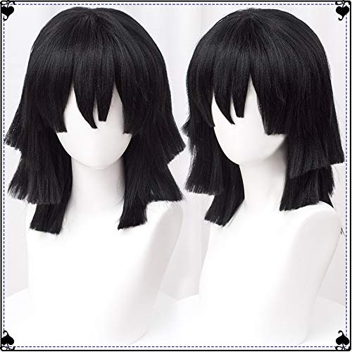 Image of LABEAUTE Obanai Cosplay Wig Anime Short Black Wig Character Cosplay Clothes for Demon Slayer: Kimetsu no Yaiba for Synthetic Hair Halloween Costume Party