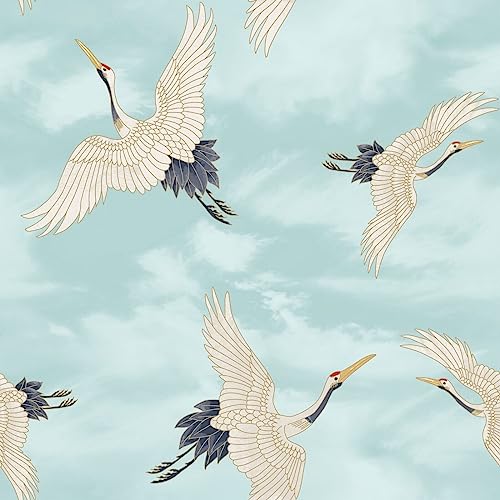 SOPHIE LAURENCE Oriental Japanese Birds Cranes Feature Wallpaper - Thick Heavy Duty Soild Paste The Paper Wallpaper (Full Roll, Duck Egg)