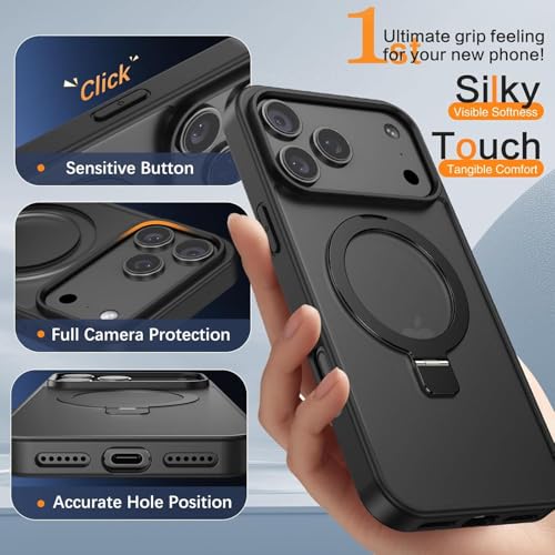 Image of DIZORO Silicone Magnetic Ring Stand Compatible for iPhone 17 Pro Max Case [Military Drop Protection] [Compatible with MagSafe] Shockproof Case Matte Translucent Slim Phone Case - (Black)