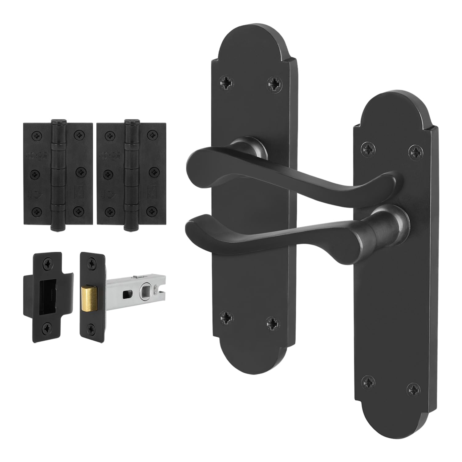 EAI Black Door Handles Latch Set, 1 Pair Internal Matt Black Victorian Scroll Shaped Backplate, Hinges, Latch 64mm