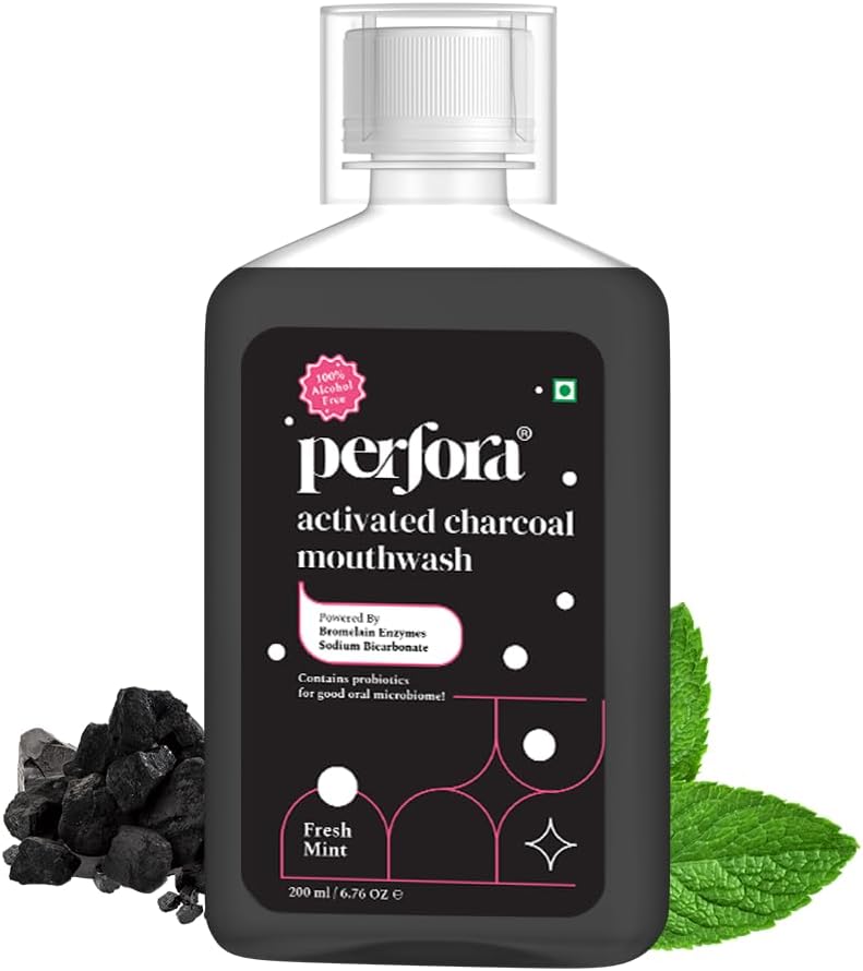 Activated Charcoal Teeth Whitening Mouthwash - 200ml | Alcohol-Free Mouth Wash Liquid With Sodium Bi-Carbonate & Hyaluronic Acid | Freshens Breath & Removes Germs | Mouthwash For Oral Care