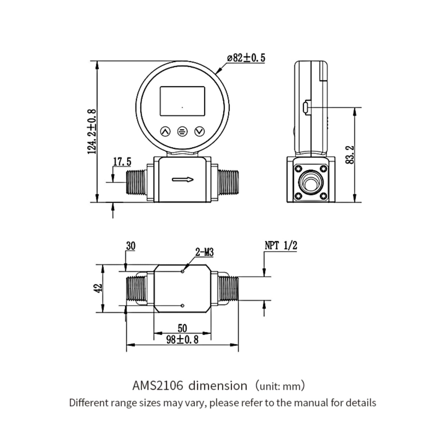 AMS2106 Digital Display Gas Mass Flow Meter 0-200 L/min for Oxygen (O2), Nitrogen (N2), and Air