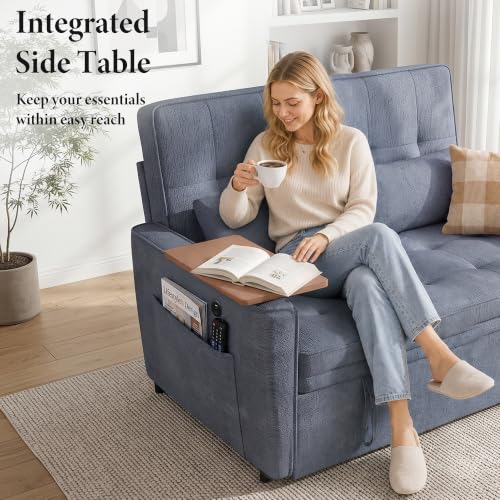 Image of Dreamzie 54'' Convertible Sleeper Sofa Bed with Swivel Side Table, Chenille Pull Out Couch for Living Room, Loveseat Sleeper Couch with Side Pocket | Charging Port | Cup Holder, Blue