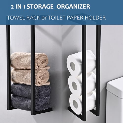 2 in 1 Modern Bathroom Towel Storage Rack for Rolled Towels,Towel Organizer or Toiled Paper Storage by Your Need,Premium Aluminum Black Bath Towel Holder Wall Mounted,Easy Installation