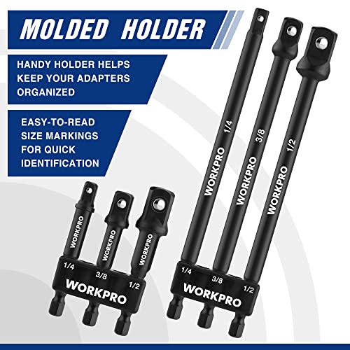 Workpro 6-Piece Socket Adapter Extension Set, 1/4, 3/8, 1/2-Inch Drive, 1/4-Inch Hex Shank, 2.6, 2.9 & 6 Inch Length, Impact Grade Extension Bit With Holder For Power Drill & Impact Driver #TOP4