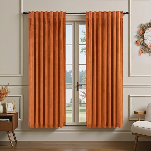 Image of Burnt Orange Velvet Curtains 72 Inch Length 2 Panels for Dining Room Living Back Tab Pleated Thermal Insulated Curtains for Summer Heat Block Winter Rust Terracotta Drape for Girls Bedroom Kids Funky