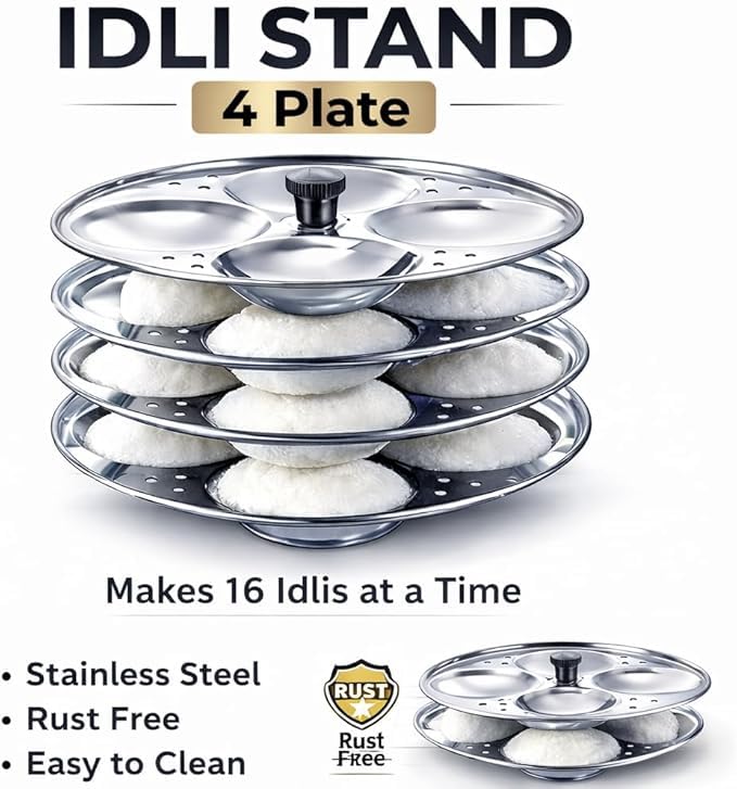 Image of Stainless Steel Idli Maker with 4 Plates - Makes 16 Soft Idlis at Once - Rust-Proof Idli Stand for 5 Litre Pressure Cooker and Above - Easy to Clean & Durable Kitchen Cookware