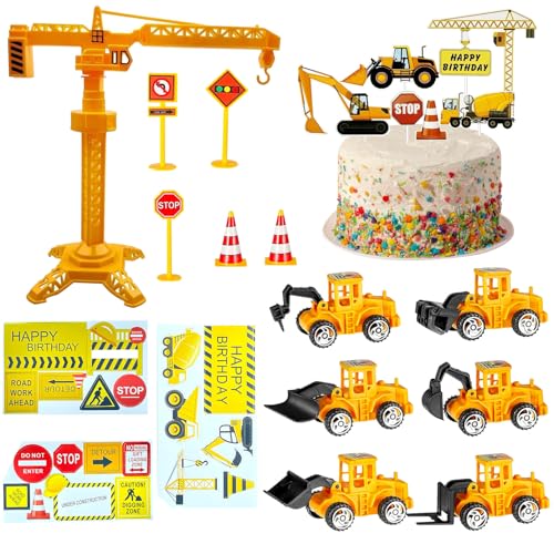 SEPSCO Decoration Gateau Anniversaire Véhicules Chantier, Happy Birthday Deco Grue Panneau Signalisation Enfant Garçon Décoration Construction Cupcake Topper Tracteur Cars Thème Fête Kit (39 Pièces)