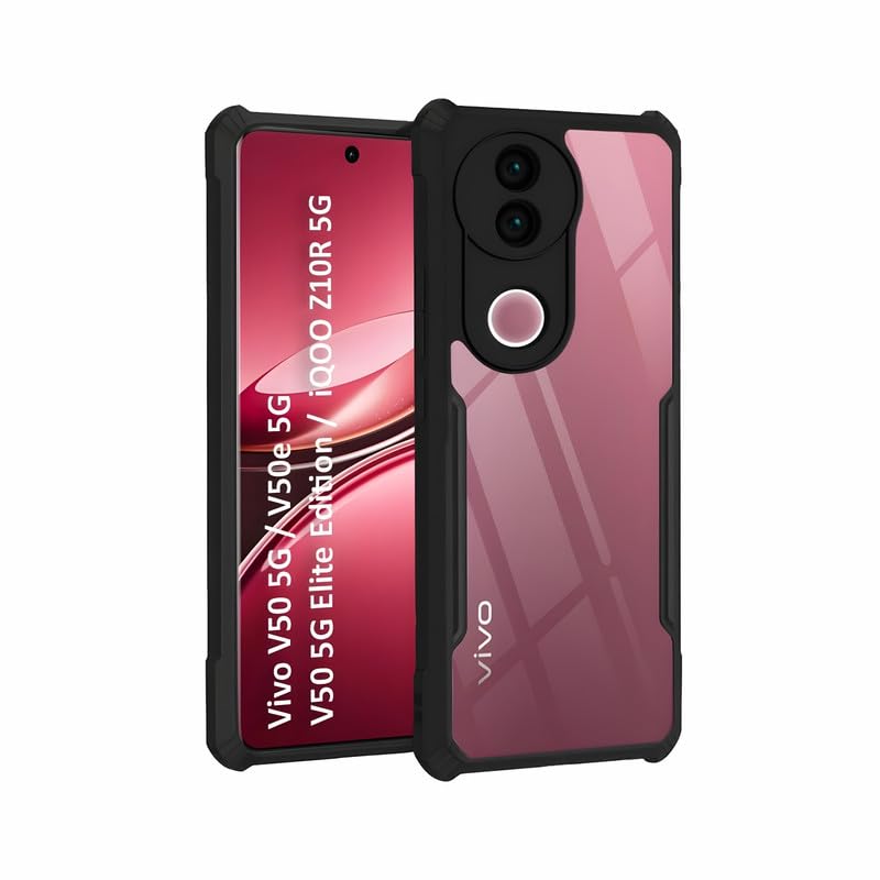 Image of AIBEX Compatible for Vivo T4R 5G / iQOO Z10R 5G / Vivo V50e 5G / Vivo V50 5G Mobile Back Case Cover, Crystal-Clear Shockproof Bumper with Camera Guard |TPU+PC| Anti-Yellow, Slim Transparent - Black