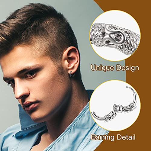 Junkin 4 Pairs 14mm Men Hoop Earrings Huggie Hinged Hoop Earrings Stainless Steel Circle Beads Earrings for Men Women, Black, Silver3