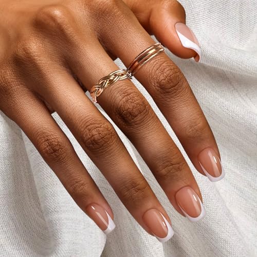 Image of Beetles Brown French Tip Press on Nails Short Square, 64 PCS Nude Fake Nails with Nail Glue & Adhesive Tabs, Glossy Reusable False Nails Kit, 16 Sizes DIY Home Salon Manicure for Women Girls