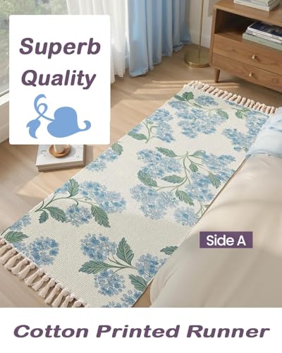 Image of SAGON 2x5 Ft Printed Runner Carpet - Cotton Bedside Rug for Bedroom & Living Room (Pastel Blue Blossom)