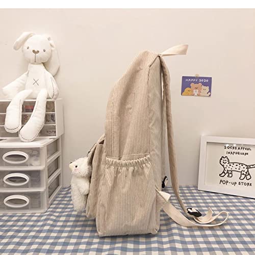 YUESUO Large Kawaii Corduroy Backpack with Cute Bear Pendant Vintage Bag for Girl Student School Bag Bookbag Satchel Laptop (Beige,Medium) - Image 5