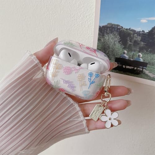 Image of MINSCOSE Compatible with AirPods Pro2 Clear Case,Cute Flower Floral Aesthetic Design with Flowers Keychain, Soft TPU Protective Shockproof Case for Women Girl for Airpods Pro2-Color