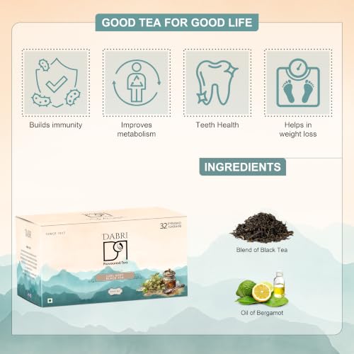 Image of Dabri Earl Grey Black Tea 32 Pyramid Dip Tea Bags|Premium Black Tea With Pure Natural Bergamot Extract|Refreshing and Hydrating|No Preservatives |Garden to Cup (32 Pyramid Bags)