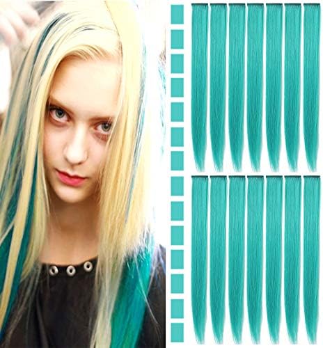Fashion Hair Accessories Clip in/On Wig Pieces for Amercian Girls and Adults 14PCS Colored Hair Extension (Teal)