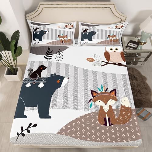 Kids Cartoon Animal Fitted Sheet,Cute Bear Owl Fox and Plant Soft Luxury Mattress Cover 3pcs Full Size,Exotic Indian Style Bed Sheet for Girls Teens, All Round Elastic Deep Pocket,No Flat Sheet