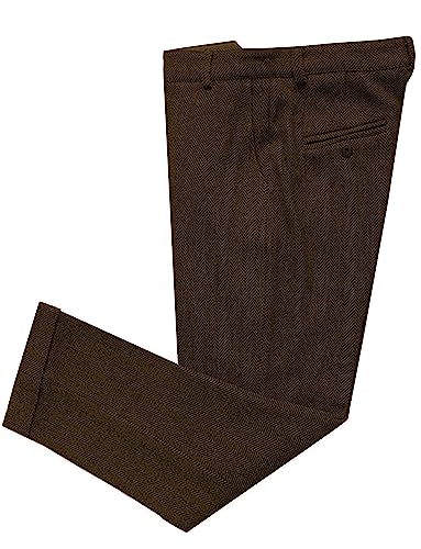 Men's Vintage Herringbone Tweed Suit Pants Slim Fit Thick Wool Flat Front Dress Trousers