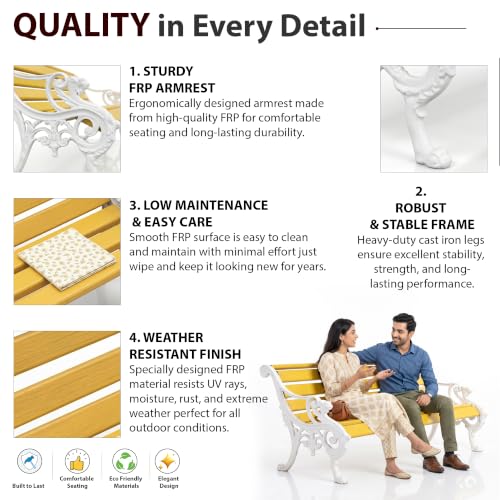 Image of BRISHI 3 Seater Cast Iron FRP Garden Bench for Indoor & Outdoor Park /Patio /Living Room /Terrace /Balcony (Yellow+ White)