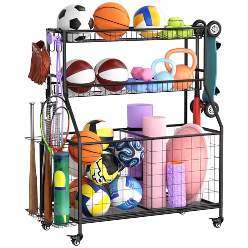 WUC Sports Equipment Garage Organizer, Garage Ball Storage Rack with Basket, Hooks and Rolling Cart for Sports Gear and Toy Storage, Black
