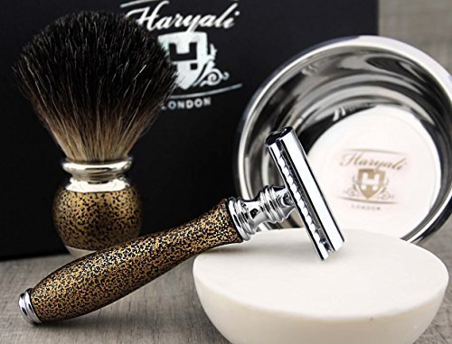 Haryali London, set da barba da uomo 5 pezzi: kit completo per la rasatura a umido con rasoio a doppia lama, pennello da barba in tasso, ciotola da barba, sapone da barba ed elegante support