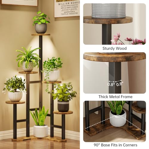 Image of Corner Plant Stand Indoor with Grow Lights 6 Tiered Corner Plant Shelf | Flower Stand for Multiple Plants, Plant Shelves Organizer Rack for Living Room, Balcony, Patio, Garden, Rustic Brown