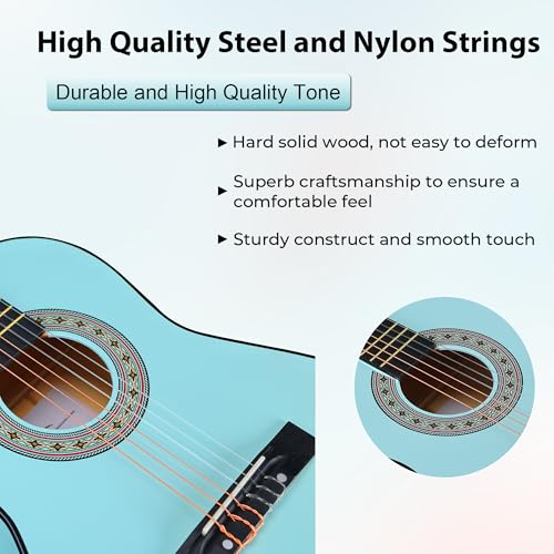 ADM Beginner Acoustic Classical Guitar 36 Inch Nylon Strings Wooden Guitar Bundle Kit for Kid Boy Girl Student Youth Guitarra Online Lessons with Gig Bag, Strap, Tuner, Strings, Picks, Socal Green — view 5