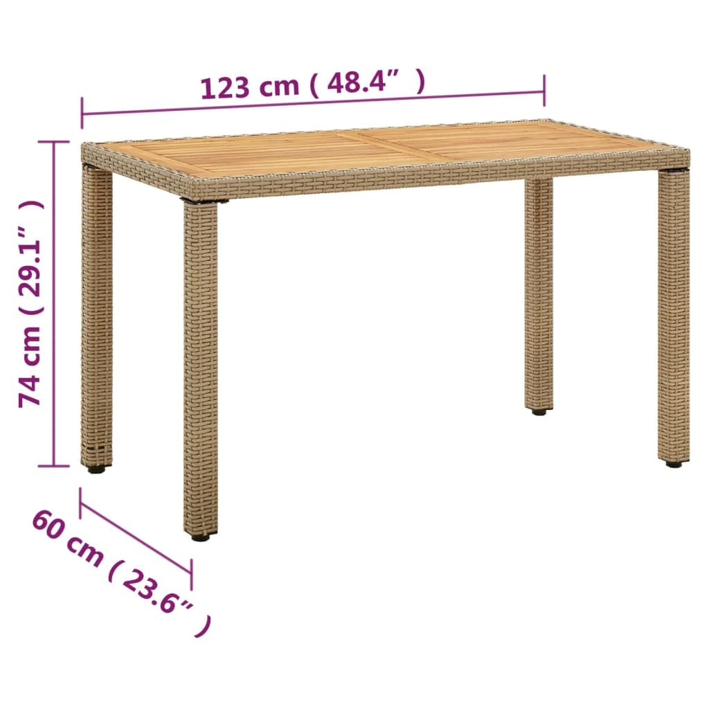 Stół ogrodowy, beżowy, z polirattanu i litego drewna akacjowego, 123 x 60 x 74 cm, ze stalowym stelażem, odporny na warunki atmosferyczne, do ogrodu, na taras i dziedziniec