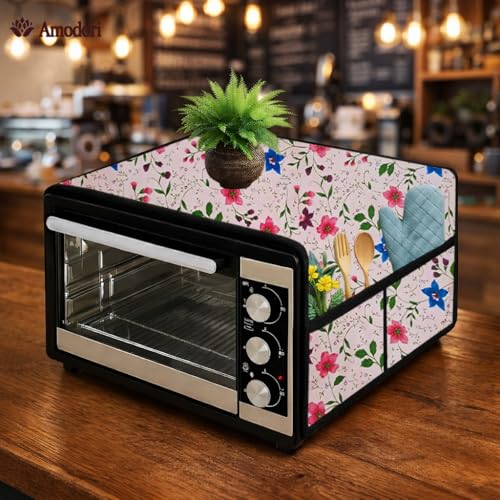 Image of Microwave Oven Top Cover 35x100 cm | Wipe Clean Fabric | 4 Utility Pockets (Floral-24)