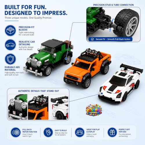 Image of Yashoni Pocket Block Pull-Back Cars Pack of 3-298 Pcs Building Blocks Set | Pull Back & Go Racing Action, STEM Construction Toy for Kids 6+ Boys & Girls | Educational 3D Building Kit, Gift