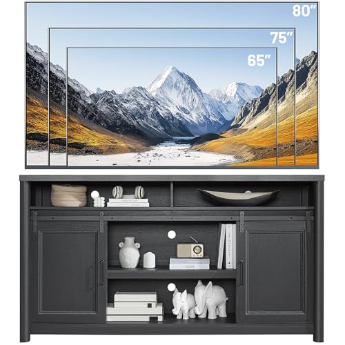 Image of Farmhouse TV Stand for Living Room, Large Black Entertainment Center with Storage, TV Console for Bedroom, TV Stand with Sliding Barn Door Television Stands for 80 Inch TV, 38 Inch Tall Media Cabinet