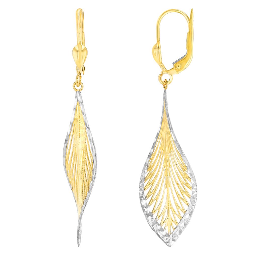 Textured 14K Yellow Gold Two-Tone Curved Spiral Leaf Dangle Earrings