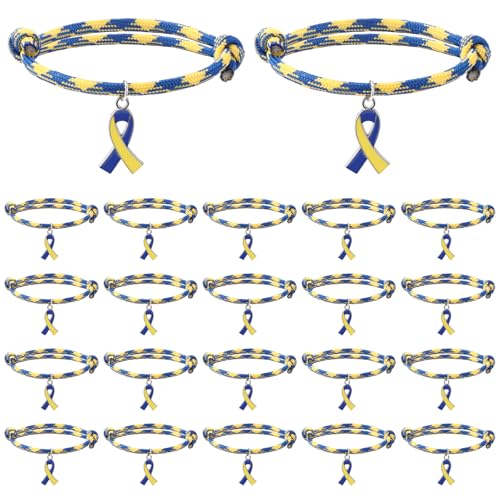 Tondiamo 30 Pcs Down Syndrome Awareness Bracelets Blue Yellow Ribbon Adjustable Cord Stretch Bracelet Down Syndrome Awareness Month Inspirational Wristband for Women Men Charity Communities Campaigns