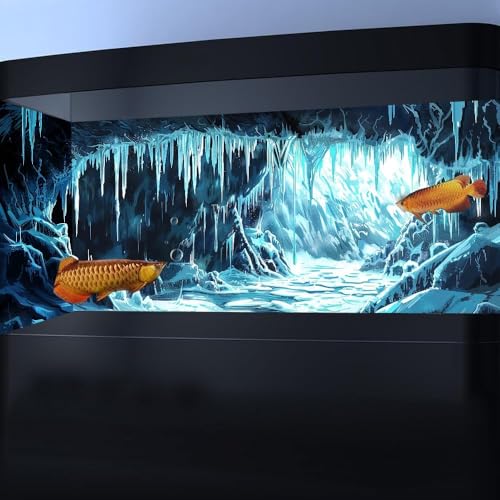 BATRUG 30X18IN Ice and Snow Background Aquarium Background, 3D Image of Underwater Fish Tank Decoration, Cave Icicle Greenery Terrarium Background with 10 EVA Double-Sided Tape