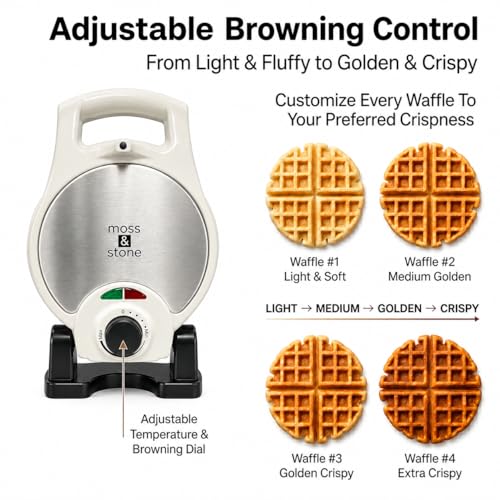 Image of Moss & Stone Belgian Waffle Maker - Rotating Flip Design, 8-Inch | Electric Waffle Iron Non-Stick Grids for Easy Release & Clean, Adjustable Temperature, Compact Upright Storage, White