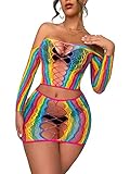 Womens Sexy Lingerie Set Fishnet BabyDoll Bodysuit Nightwear Christmas Halloween rainbow color (05)
